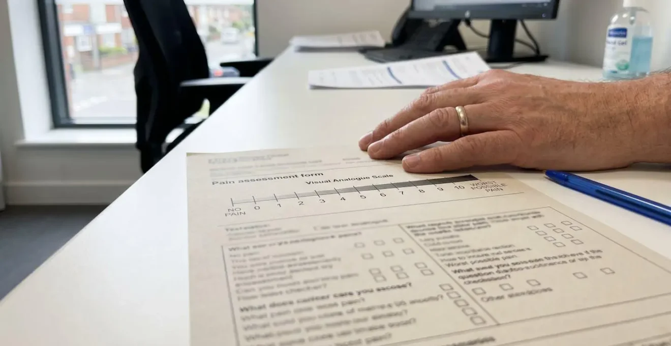 A clinical pain assessment chart with numerical rating scale lying on a medical office desk