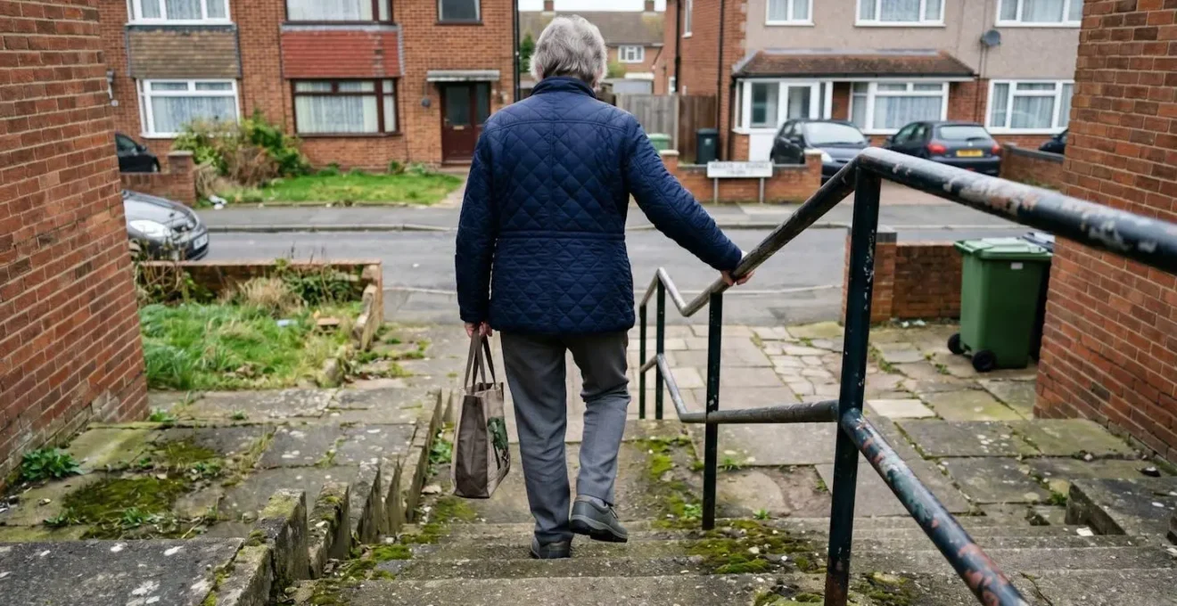 An elderly person carefully descending outdoor steps while holding a handrail for support in a suburban UK setting